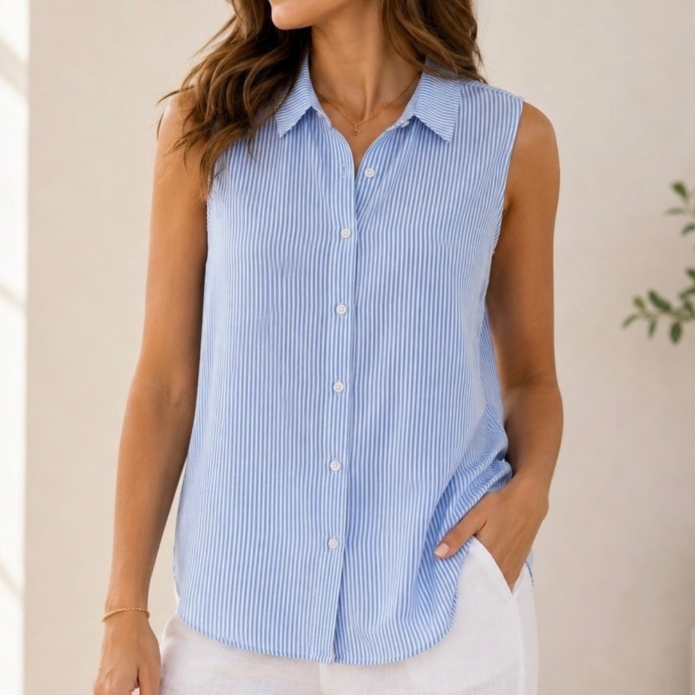 Blue & White Pinstripe Sleeveless Button Down Collared Blouse Coastal Preppy XL